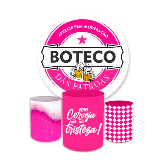 Kit Festa Capa Painel Redondo + Trio Capas de Cilindro Sublimados Tema Boteco Decoração Bar
