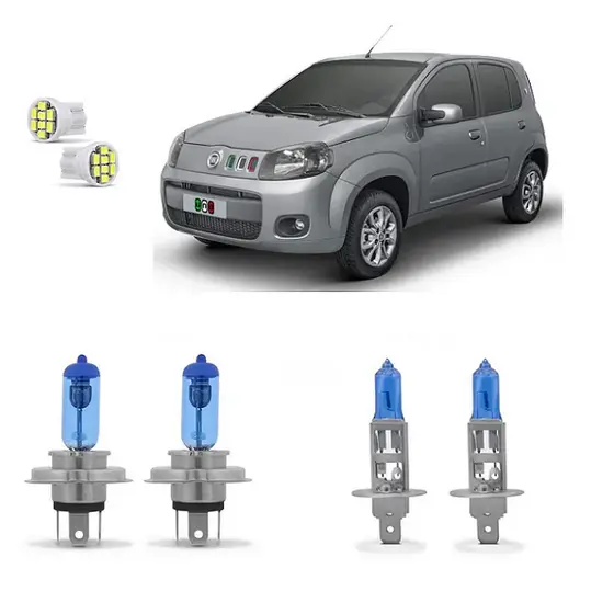 Kit 4 Lampada Super Branca Farol e Milha Fiat Uno Vivace 2011 2012 2013 2014 2015 8500K H1 H4