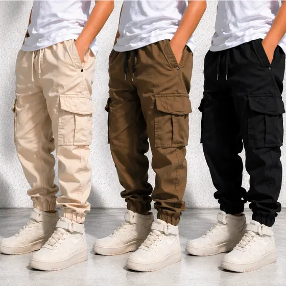 Calça Cargo Jogger Infantil Juvenil Street Premium Bege Caqui Preto