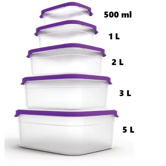 Conjunto Kit de Potes Com 5 Peças Retangulares | Decora Helsim, 500ml, 1l, 2l, 3l e 5l