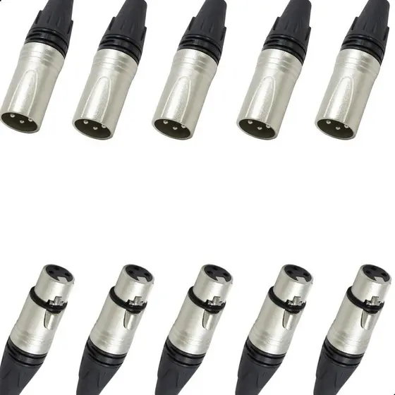 Kit 10 Conector Plug XLR Canon Macho e Fêmea 3 Pinos Preto Bertô Profissional Mesa de Som Estúdio e Cabo de Microfone