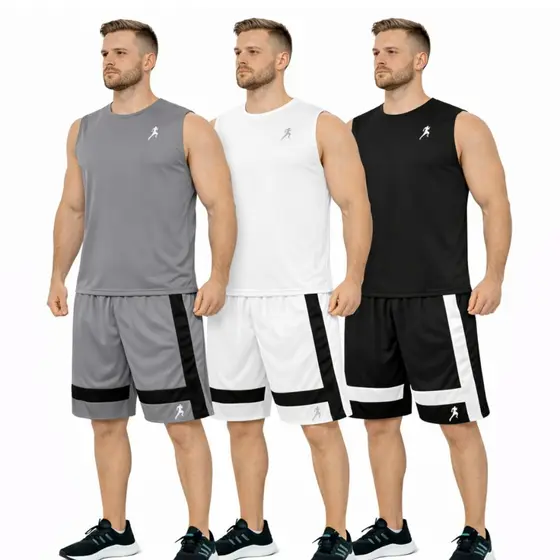 Kit  3 ou 2 Bermudas Shorts Dry Fit dupla + 3 ou 2 Regatas masculinas Academia - Conjunto