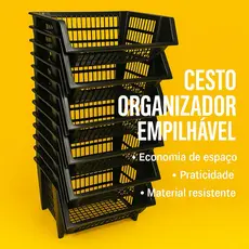 Kit 2/4/6 Cesto Cestao Empilhavel Preto Expositor Reforçado Organizador Estoque Dispensa 20x44cm