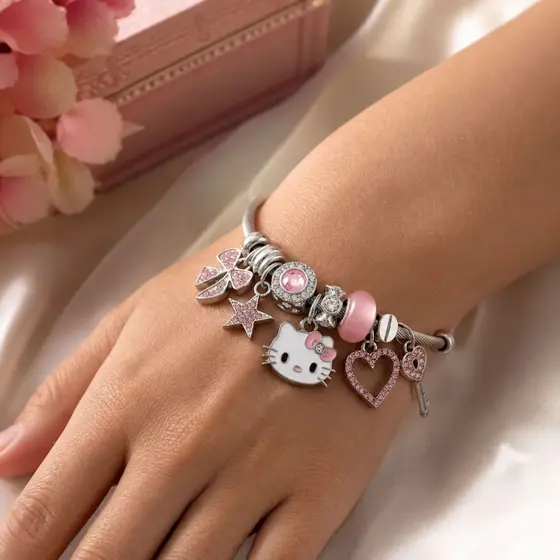 Pulseira Hello Kitty Rosa Bracelete Tamanho Ajustável Com Pingentes Charm Aço Inoxidável Presente