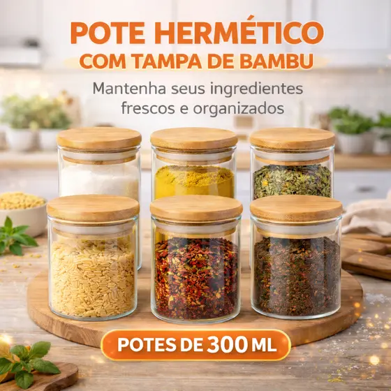 Kit Pote Mantimentos 300ml Alta Vedação Cozinha Organização Tampa de Bambu Dupla Vedação