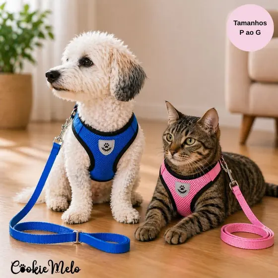 Coleira Peitoral Com Guia Regulável Pet Cachorro Gato Super Confortavel Ajustável