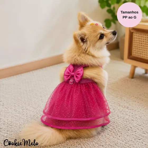 Coleira Guia Peitoral Pet Vestido Glitter Rosa Ajustável Fêmea Gato Cachorro Com Lacinho