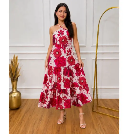 Vestido Longo Juvenil Viscose Estampado Floral com Alças Cruzadas – Tamanhos 12 ao 16