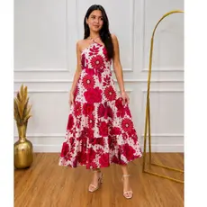 Vestido Longo Juvenil Viscose Estampado Floral com Alças Cruzadas – Tamanhos 12 ao 16