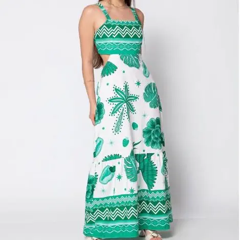 Vestido Longo Juvenil Feminino Estampado Azul e Branco com Alças Moda Verão Tam. 10 ao 16