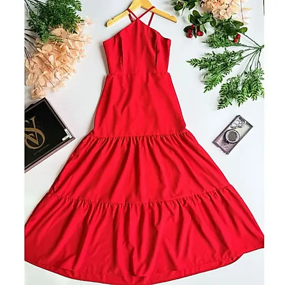 Vestido Juvenil Viscose 12 ao 16  – Alças Cruzadas e Babados Liso