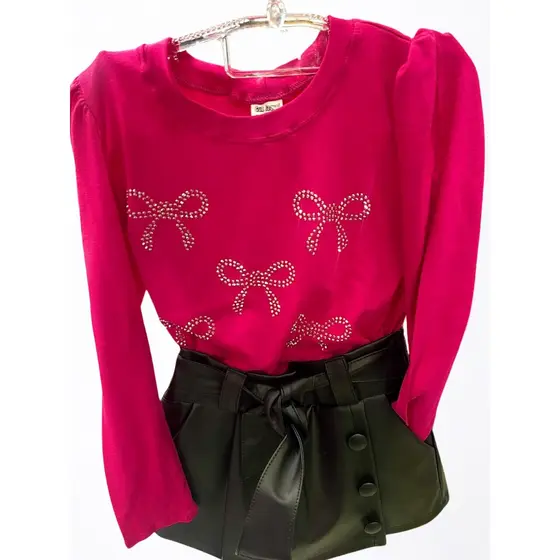 ✨ Conjunto Infantil Feminino Blusa Laços e Short Saia Couro Fake | Tam. 6 ao 14