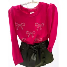 ✨ Conjunto Infantil Feminino Blusa Laços e Short Saia Couro Fake | Tam. 6 ao 14