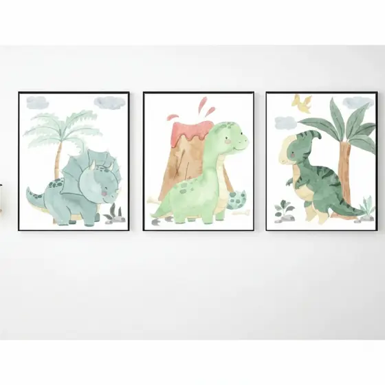 Quadros decorativos Infantis Dinossauros aquarela (3 peças)