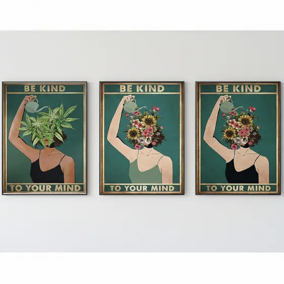Quadros decorativos Seja gentil com sua mente (3 peças)