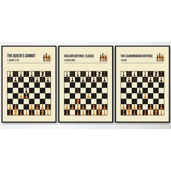 Quadro decorativo Jogos de xadrez e aberturas defesa pintura 40x60