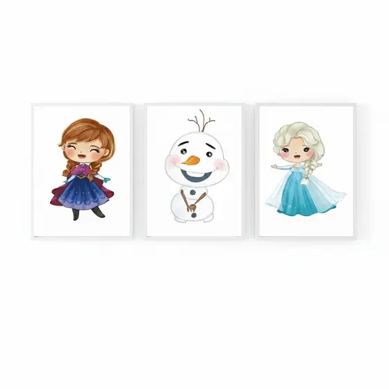 Quadros decorativos Frozen aquarela infantis 3 peças 20x30