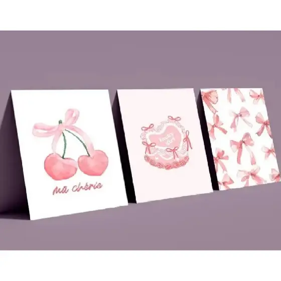 Quadros decorativos Rosa tinted coração bow cereja (3 peças)