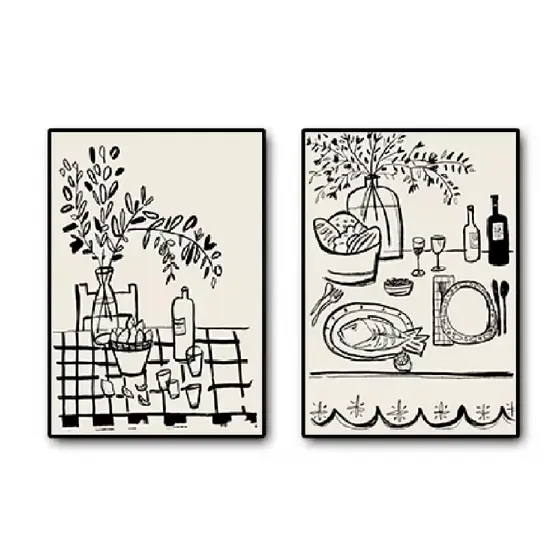 Quadros decorativos Mesa de cozinha ilustração de comida peixe vinho frutas (2 peças)