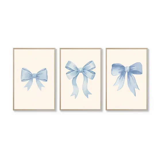 Quadros decorativos Delicados laços azuis coquet fofos para quartos (3 peças)