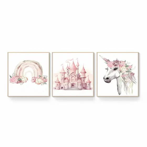 Quadros decorativos infantil Castelo e unicórnio (3 peças)