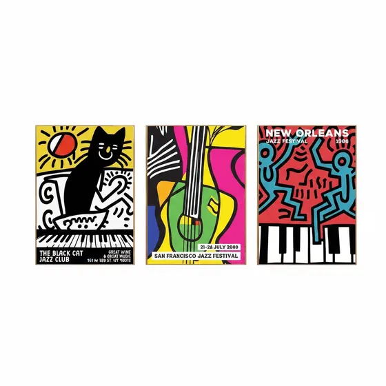 Quadros decorativos Abstratos do jazz do vintage, pinturas instrumentos bar, café (3 peças)