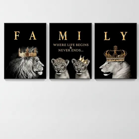 Quadros decorativos Família Leão Leoa Filhotes Coroa (3 peças)
