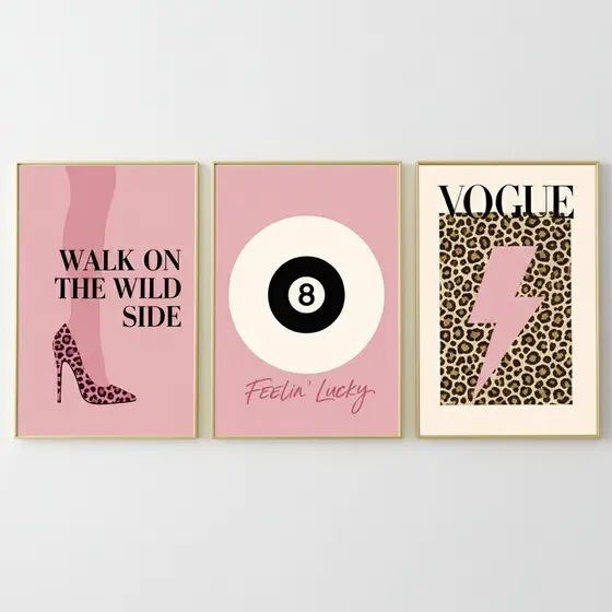 Quadros decorativos Salto Leopardo Vogue Raio Rosa (3 peças)