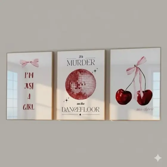 Quadros decorativos Cereja vermelha, globo espelhado e laço (3 peças 40x60)