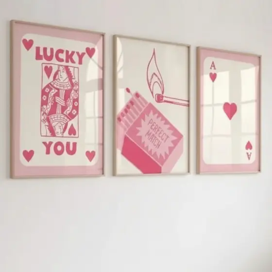 Quadro decorativo Carta de baralho rosa (3 peças)