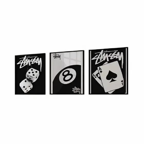 Quadros decorativos Bola 8, cartas, jogos e dados pretos (3 peças 20x30)