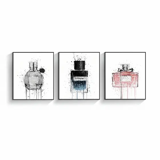 Quadros decorativos Aquarela Moda Perfume Garrafa (3 peças)