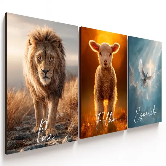 Quadros decorativos Santíssima Trindade Pai Filho Espírito Leão Cordeiro Pomba (3 peças)