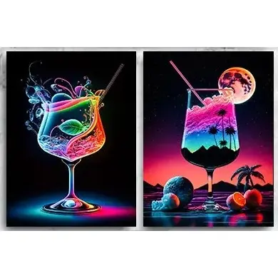Quadro decorativo Abstrato colorido Neon Cocktail Drink (3 peças 40x60)