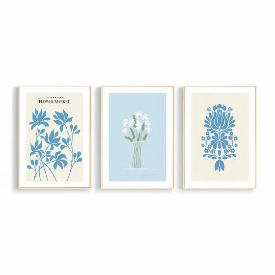 Quadros decorativos Flor azul mercado folha linha minimalismo arte (3 peças)