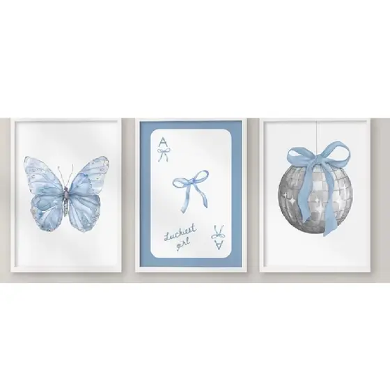Quadros decorativos Borboleta azul Painting, Puppy Wall Art, Trendy Puppy (3 peças)