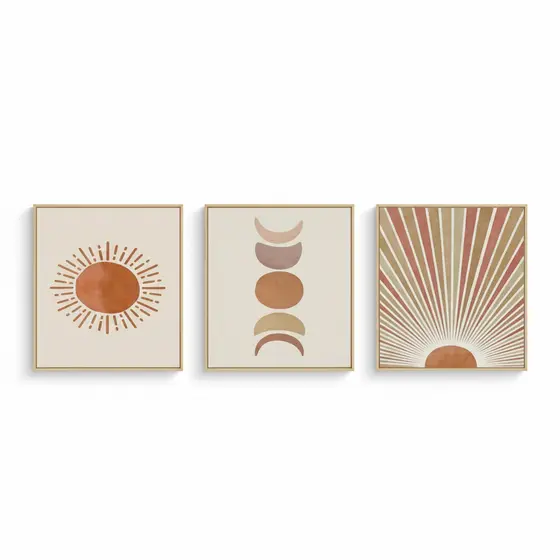 Quadros decorativos Sol e luas aquarelados e em tons pastéis (3 peças)