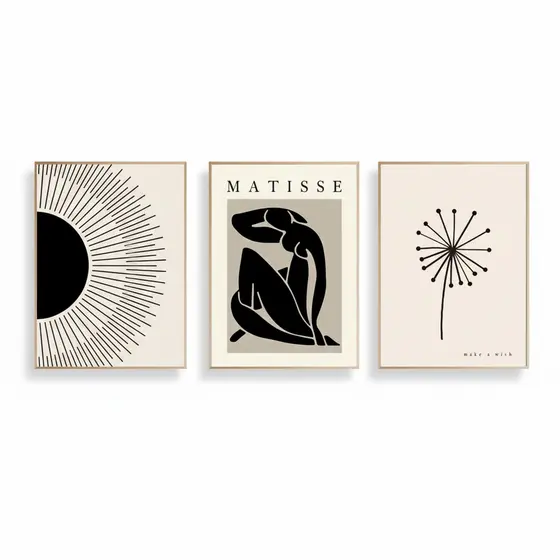 Quadros decorativos Abstrato Boho Matisse Preto Bege Dandelion Art (3 peças)