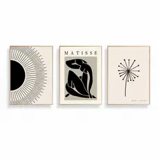 Quadros decorativos Abstrato Boho Matisse Preto Bege Dandelion Art (3 peças)