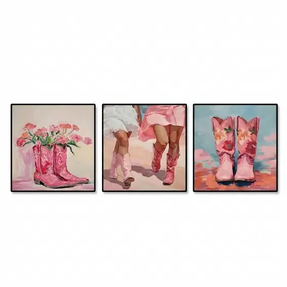 Quadros decorativos Cowgirl botas rosa (3 peças)