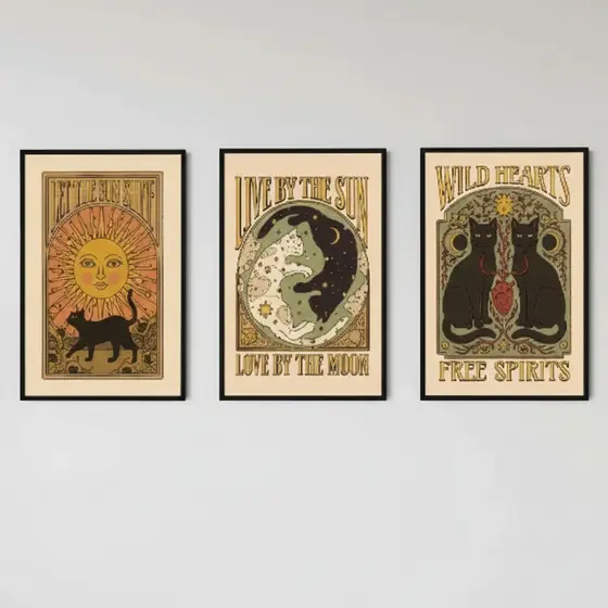 Quadros decorativos desenhos estilo antigo bruxas coloridos (3 peças)