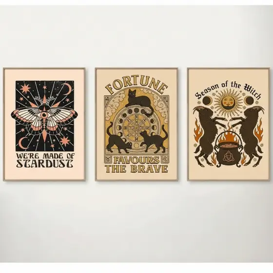 Quadros decorativos desenhos estilo antigo bruxas coloridos (3 peças)
