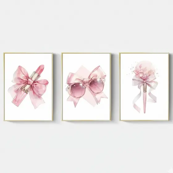 Quadros decorativos Fofo coquet rosa com laços e flores (3 peças)