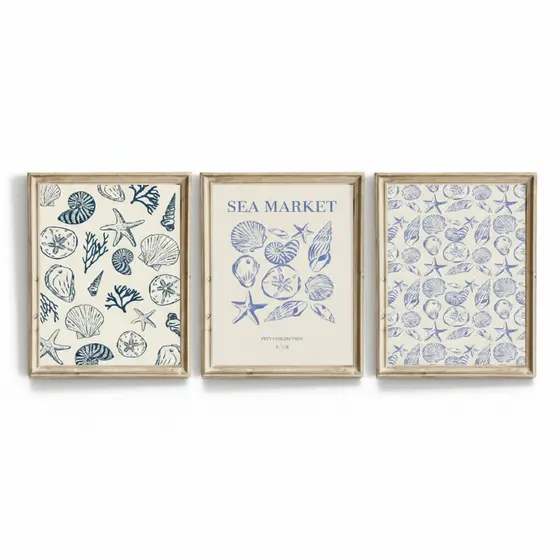 Quadros decorativos Azul retrô, figurativo, flores, concha, ondas, ondinha, estrela do mar (3 peças)