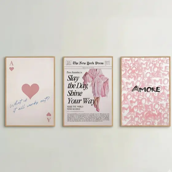Quadro decorativo Fashion Love rosa estilo moderno (3 peças)
