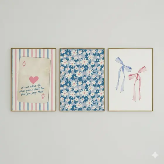 Quadros decorativos Fofo coquet rosa com laços e flores azuis (3 peças)