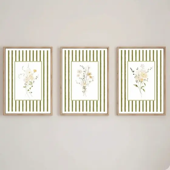 Quadros decorativos Fundo de listras e flores bonitas elegantes (3 peças)