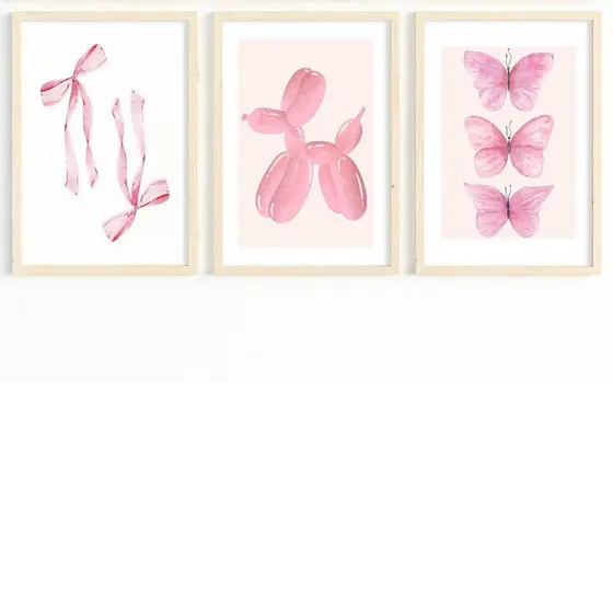 Quadros decorativos Gradiente aura cachorro, laços e borboletas pink cute (3 peças)