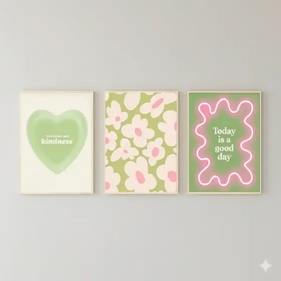 Quadros decorativos Abstrato verde floral coração cereja (3 peças)