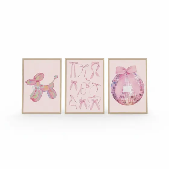 Quadros decorativos Laços rosas, bola de discoteca, preppy rosa fofos (3 peças)